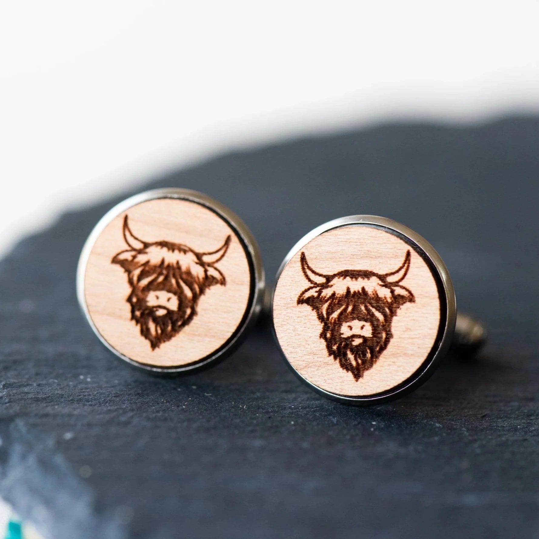 Cherry Wood Cufflinks - Highland Cow