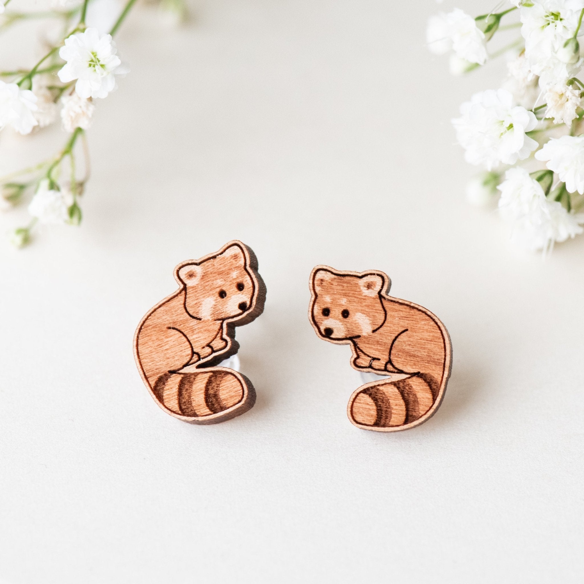 Wooden Stud Earrings - Red Panda