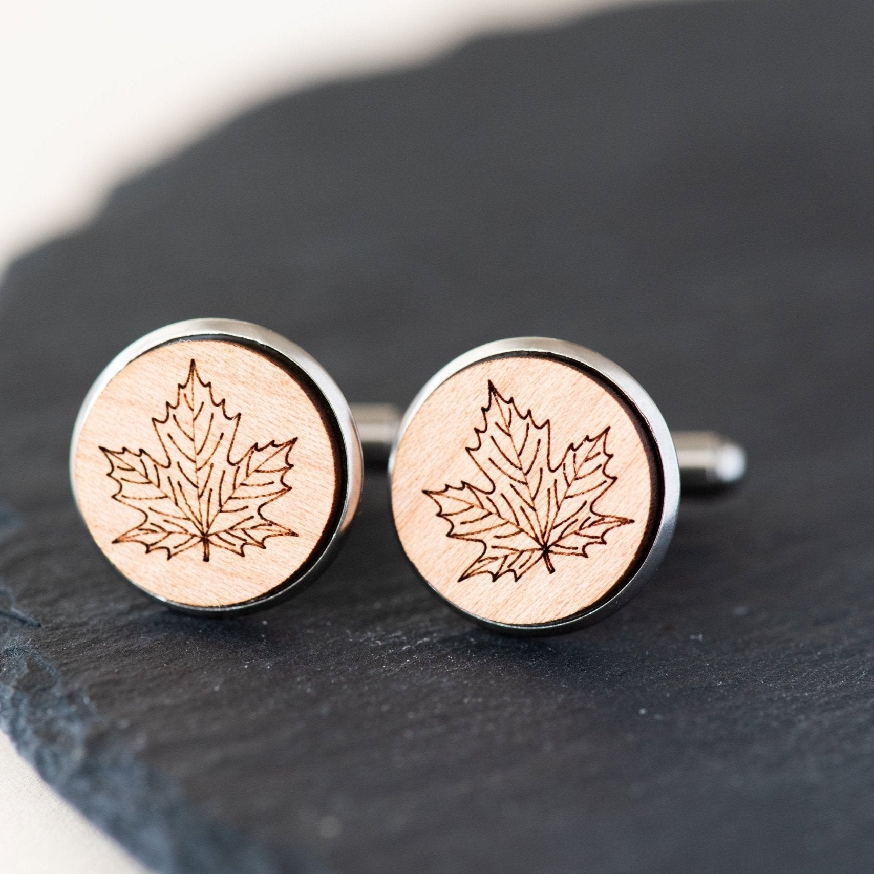 Cherry Wood Cufflinks - Maple Leaf