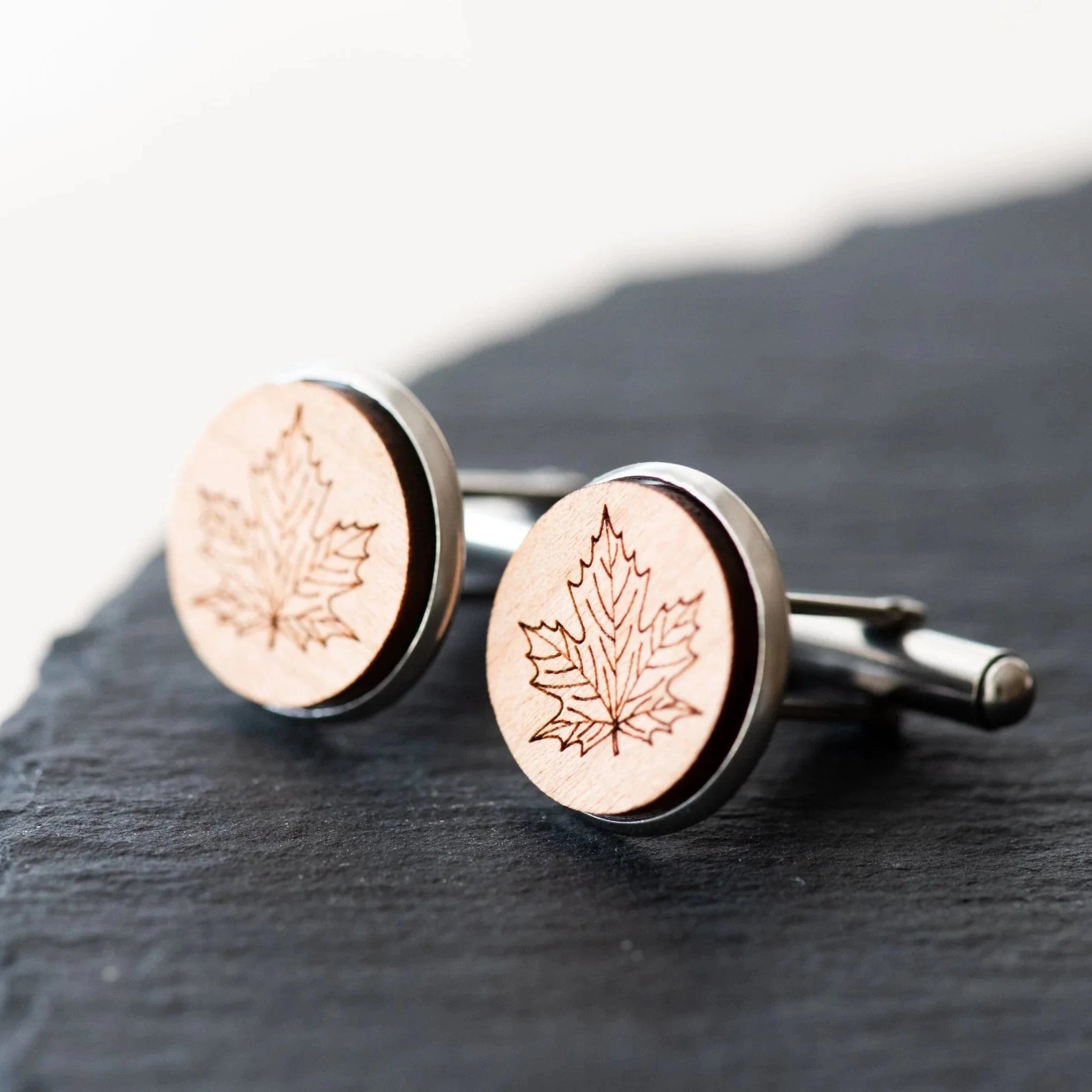 Cherry Wood Cufflinks - Maple Leaf