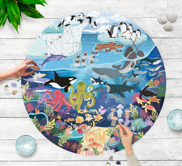 Close up of hands completing the Puzzle on a grey boarded surface, showing illustrations of ocean species and how the pieces fit together