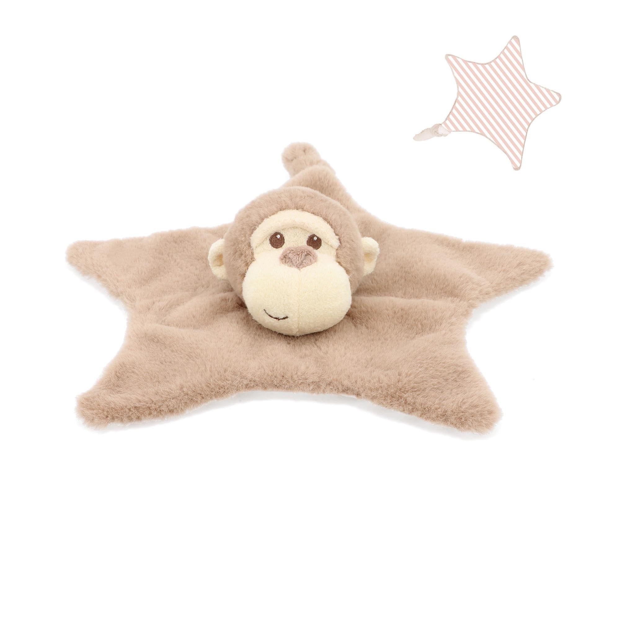 Monkey blanket with monkey head and example of underneath striped pattern