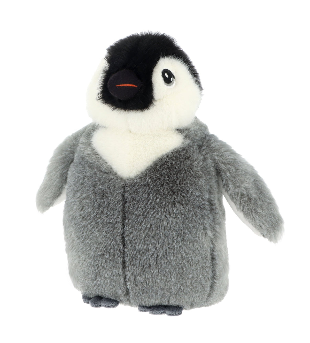 Close up of plush baby emperor penguin chick standing with white background